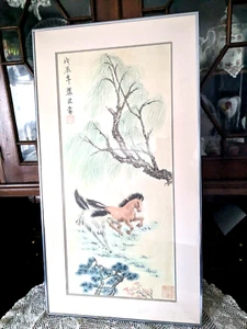 CHINESE ORIGINAL WATERCOLOR RUNNING HORSES PAINTING SIGNED - Picture 1 of 19