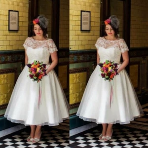 Plus Size Wedding Dresses Short Sleeves Tea Length Lace Appliques Bridal Gowns - Picture 1 of 9