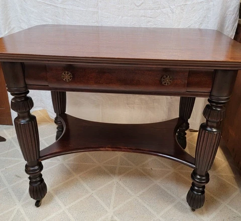 Mahogany Library Table with 1 Drawer and Shelf on Wheels Cover