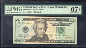 FR. 2089-C* 2004 $20 *STAR* FRN PHILADELPHIA, PA PMG GEM UNCIRCULATED-67EPQ (J) - Picture 1 of 2