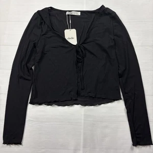 Elodie Cardigan Black Long Sleeve Tie-Front Ribbed Cropped Length Transparent - Picture 1 of 5