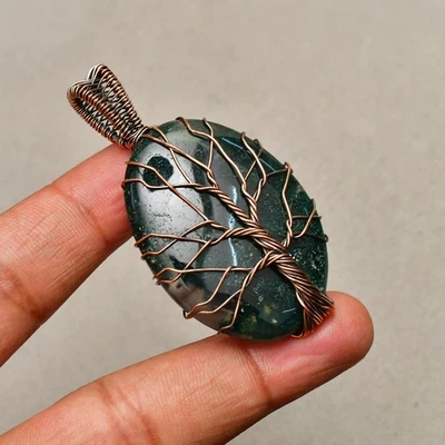 Musgo indio ágata piedras preciosas alambre de cobre envuelto hecho a mano joyería colgante 2,28' Foto 1 de 4