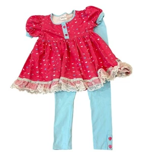 Makena Lane Girls Size 10 Pink Heart Dress & Light Blue Leggings Set With Lace T - Picture 1 of 9