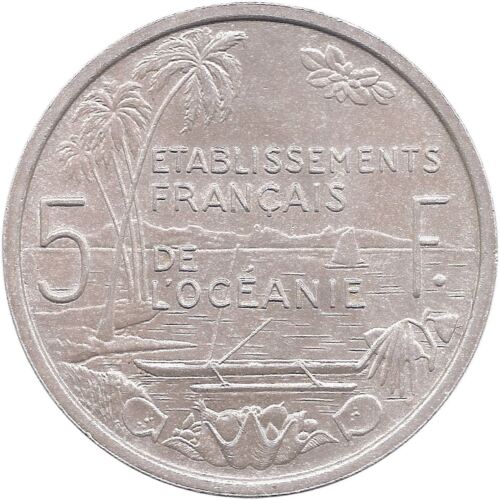 Coin French Oceania 5 Francs | Marianne | Winged Phrygian Cap | Boat | 1952