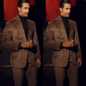 Brown Suede 2 Pcs Men Suits Wedding Groom Dinner Party PromTuxedo Blazer Pant - Picture 1 of 8