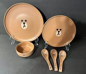 Line Friends BROWN Bear Ceramic 6 Pc Dish Ware Set - 2 Plates, Bowl, 3 Spoons - Picture 1 of 18