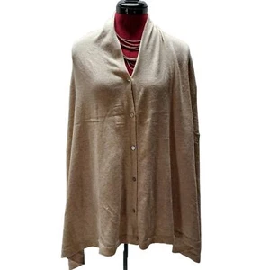 NWT Oatmeal Tan Vesitile Button front lightweight knitted Sweater Poncho Cape - Picture 1 of 6