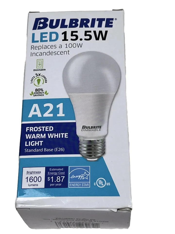 BULBRITE 15.5W Dimmable Frosted Warm Light A21 LED Bulb 774103 Base E26 1600L - Image 1 of 4