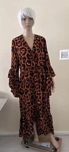 Pretty Little Thing Womens Orange Animal Print Floaty V Neck LS Dress UK 14 NWOT - Picture 1 of 22