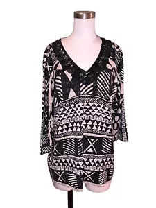 Leo Guy Women’s Beaded Blouse UK Designer Brown Black Geometric Print Size 6 - Picture 1 of 8