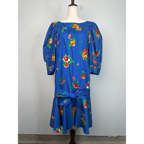 SAINT LAURENT (YSL) Abito da giorno Saint Laurent anni 80 vintage blu cotone floreale vita bassa