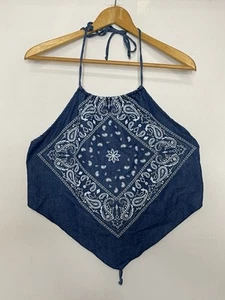 Y2K Vintage 2000s Bandana Halter Tie Back Tank Top Blue Paisley Print Juniors L - Picture 1 of 5