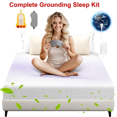 Sábanas de puesta a tierra Queen 90 % algodón orgánico + 10 % fibra plateada con cordón y máscara para ojos Foto 1 de 4