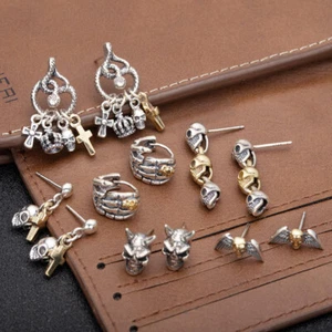Handmade 925 Sterling Silver Gothic Earrings Stud Skulls Earring for Man Biker - Picture 1 of 24