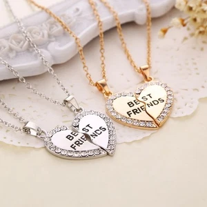 Best Friend Heart Silver Tone Rhinestone 2 Pendants Necklace Friendship gift - Picture 1 of 6