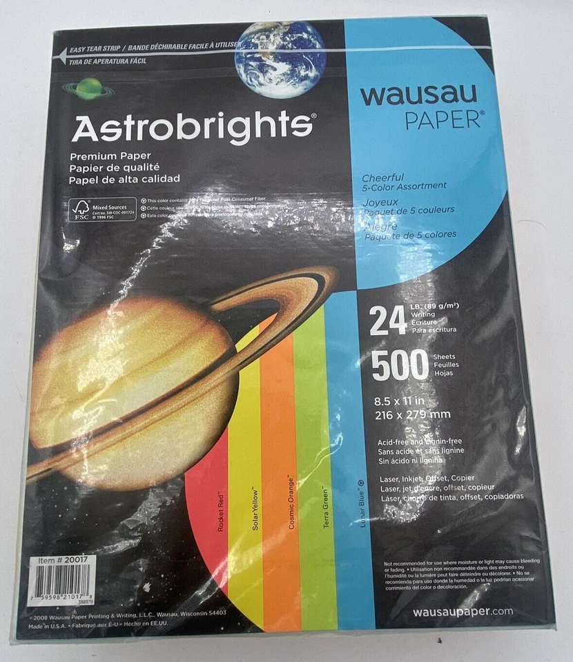 Astrobrights Paper 5 Colors 24# 500 sheets Wausau Paper Acid-Free Laser Etc NOS - Image 1 of 3
