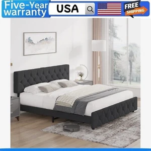 Queen Size Bed Frame with USB Ports Upholstered Platform W/Adjustable Headboard - Picture 1 of 8