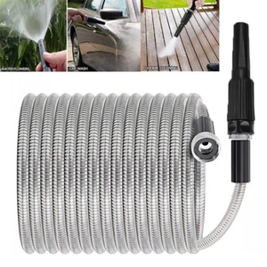 25 50 75 100FT Stainless Steel Metal Garden Water Hose Pipe Flexible Lightweight - Picture 1 of 16