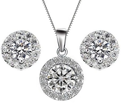 Conjunto de pendientes y collar colgante de plata con halo redondo de circonitas cúbicas caja de regalo S1 Foto 1 de 3