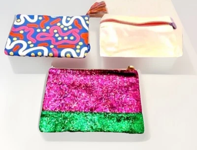 IPSY Glam Bolsa Set 3 Maquillaje Cosmético Cremallera Retro Viaje 5x7 Rosa Púrpura Blanco Hada Foto 1 de 4