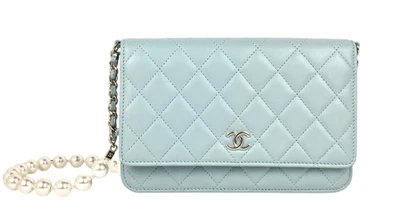 Chanel Light Blue Lambskin Leather Quilted Pearl Wallet On Chain WOC Crossbody - Image 1 of 4