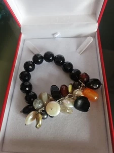 LP Silver 925 Stretch Black ONYX Bracelet Gemstones Charm Pearl Beads NWOT - Picture 1 of 13