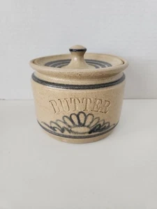 Vintage Deckel Topf Butter. Zeder Sumpf Keramik Kopfbolzen blau Designs 4" hoch - Bild 1 von 8