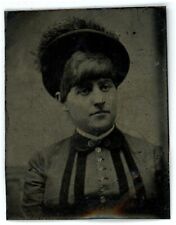 CIRCA 1800'S ANTIQUE Sixteenth Plate TINTYPE Woman Victorian Dress and Hat