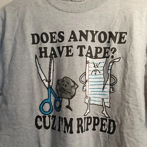 Mens Grey T shirt Size Medium Funny Does Anyone Have Any Tape Cuz I'm Ripped - Picture 1 of 7