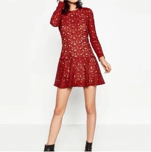 ZARA Crochet Lace Dress XS Red Mini Cocktail Party Long Sleeve Fit & Flare Women - Picture 1 of 11