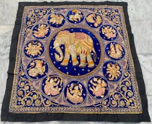 3x3 Antique Indian Handmade Elephant Tapestry Home Décor Tribal Wall Hanging - Picture 1 of 11