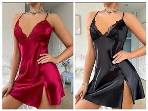 Women Nightdress Sleepwear Satin Lace Cami Dress Nightie Chemise Nightwear - Picture 1 of 13