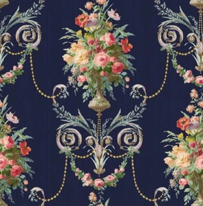 Wallpaper Red Purple Green Teal Yellow Floral Urn on Navy ,56 sq ft / bolt - Picture 1 of 3