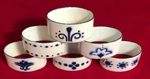 6 Vintage Scandinavian Blue & White Napkin Rings Enamel with Nordic Designs - Picture 1 of 4