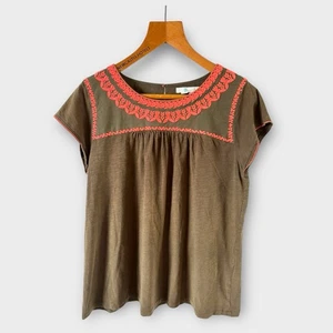Boden 14 Ferne Jersey Top T Shirt Khaki Green Orange Floral Embroidery Cotton - Picture 1 of 10