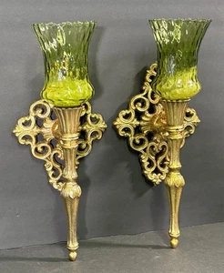 Vintage Hollywood Regency Wandleuchter Paar Kerzenhalter verziert Metallguss Gold - Bild 1 von 21