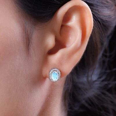 Rainbow Moonstone Studs Earrings, 925 Sterling Silver Stud, June Gift - Image 1 of 4