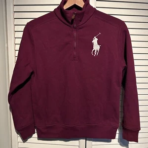 Polo Ralph Lauren Boy's Big Pony Sweatshirt Fleece Lined 1/4 Zip Leather Pull M - Picture 1 of 9