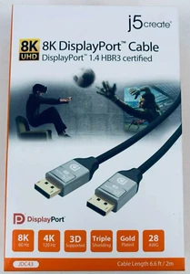 j5create 8K UHD DisplayPort Cable 1.4 HBR3 Certified 6.6ft JDC43 NEW - Picture 1 of 2