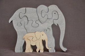 Elephant with Calf Africa Zoo Animal  Amish Made Wood Toy Puzzle Animal Figurine - Picture 1 of 2