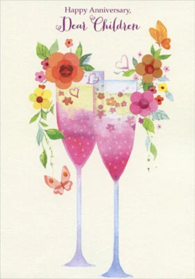 玻璃粉色香槟蝴蝶和花朵周年纪念卡儿童 — 第 1/2 张图片