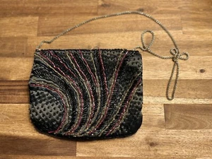 Vintage Beaded Evening Bag Zip Closure Gold Tone Strap Black Multicolor - Picture 1 of 7
