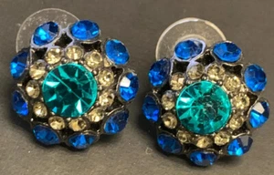 Vintage Silver Tone & Royal Blue Rhinestone Earrings - Picture 1 of 6