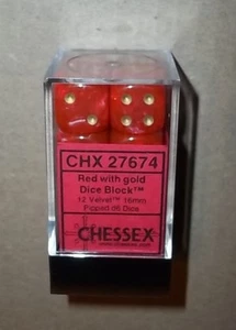 Chessex CHX 27674 12 Red w/ gold Velvet 16mm d6 Dice  warhammer d&d - Picture 1 of 3