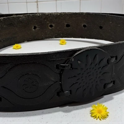 Cinturón Floral Vintage 🌼 Cuero Fósil Tooled Y2K Boho Hippie Latón Hebilla Grande Foto 1 de 4