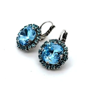 Earrings By Mariana Woman Glamorous Flower Shape Aquamarine Swarovski Crystals - Picture 1 of 7
