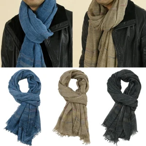 Men Bandana Scarf Cotton Linen Tassel Long Shawl Yarn-Dyed Striped Scarves - Picture 1 of 30