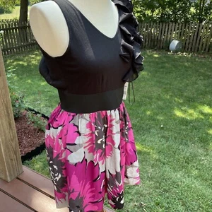 Elle Black & Pink Floral Dress With Ruffle One-Shoulder Detail XS - Picture 1 of 15