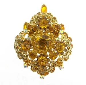 2.3" Vintage 2 In 1 Combo Pendant Brooch AB Amber-Rhinestone Filigree Open Back - Picture 1 of 6