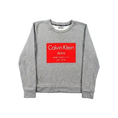 Women's Retro Calvin Klein Jeans Grey Spellout Patch Sweatshirt Jumper Sz Medium • 18.31€